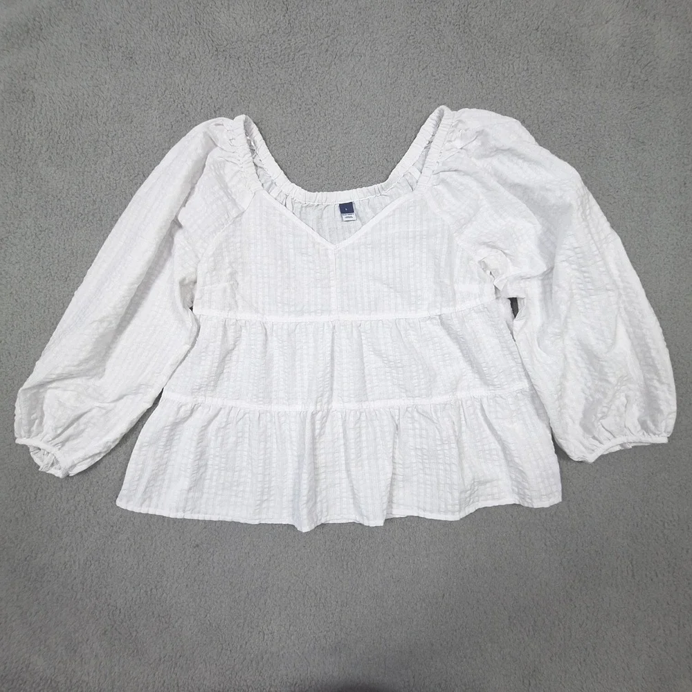 Old Navy Blouse Womens Large White Tiered Empire V-Neck Long Sleeve Boho Top